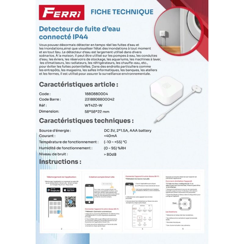 DETECTEUR DE FUITE D''EAU CONNECTE IP44