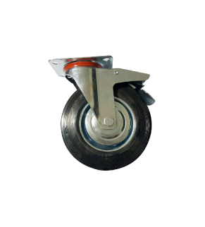 ROUE EN GOMME AVEC PLAQUE + FREIN 50 GRISE 
